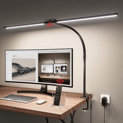 Jeebel LED Schreibtischlampe Dimmbar 24W, 1800LM 80cm Doppelkopf Schreibtisch Lampe mit Fernbedienung, Klemmbar(9,5cm), 10 Farbtemperatur 10 Helligkeitsstufe, Schwanenhals Lampe Tischlampe für Büro von Jeebel