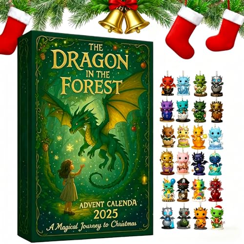 24 Days * The Dragon in the Forest Advent Calendar 2025, Dragon Advent Calendar 2025 Kids, Christmas Countdown with 24 Unique Kawaii Dragon Christmas Tree Flat Decorations for Festive Fun (1Pcs) von Jeeeun