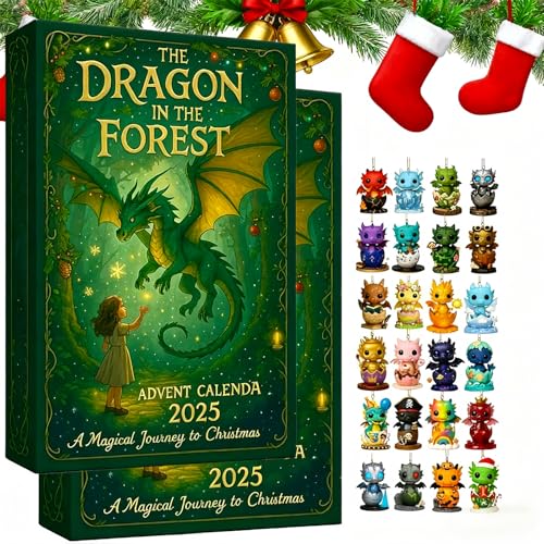 24 Days * The Dragon in the Forest Advent Calendar 2025, Dragon Advent Calendar 2025 Kids, Christmas Countdown with 24 Unique Kawaii Dragon Christmas Tree Flat Decorations for Festive Fun (2Pcs) von Jeeeun