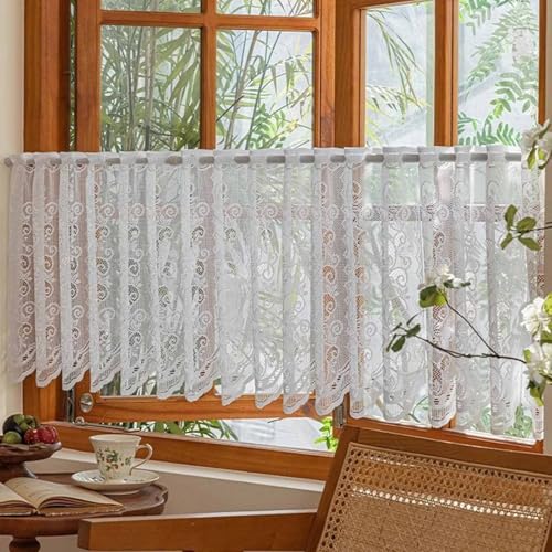 Jeeman Jacquard Lichtdurchlässig Scheibengardine Spitze Amerikanische Café-Gardine Blumenmuster Retro Bistrogardine Abdeckvorhang für Schuhregal mit Tunnelzug Weiß HxB 60x150cm 1 Stück von Jeeman