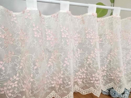 Jeeman Romantische Blumen Kurzgardinen Elegante Spitzengardinen mit Stickerei Gardine mit Volantsaum Landhausstilgardinen scheibengardinen Küchengardinen Staubschutz Vorhang Rosa HxB 30x120cm 1 Stück von Jeeman