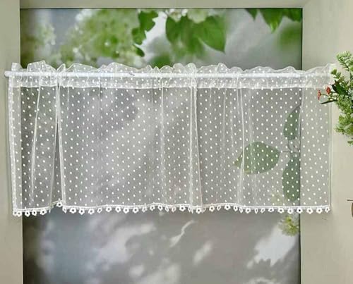 Jeeman Scheibengardine mit Punktenmuster und Blumenverzierung an der Kante Abdeckvorhang für Schuhregal Klassisch Café-Gardine Bistrogardine Balkon Spitze Vorhang Weiß HxB 40x120cm 1 Stück von Jeeman