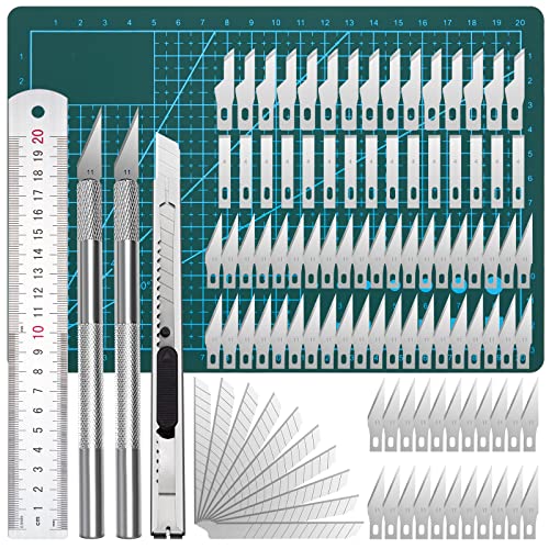 Bastel Messer Set Skalpell Carving Kit mit 2 Schnitzmesser 100 Skalpell Klingen, 1 A5 PVC Schneidebrett,1 Stahllineal, 1 Kleines Universalmesser für DIY Art Work (106 Stück) von Jeesblsy