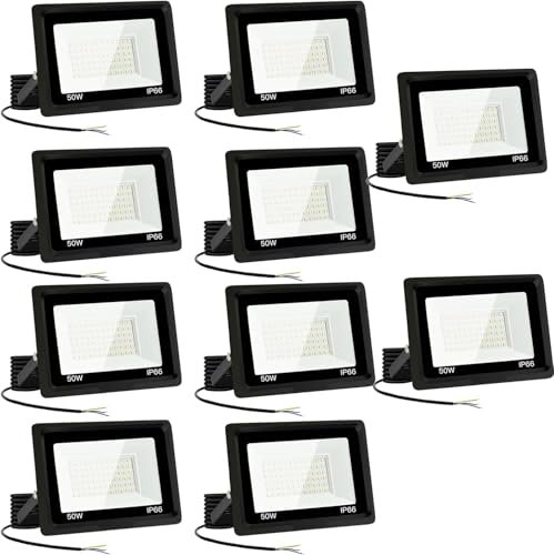 Jefedana LED Strahler Außen 50W 10PCS-IP66 Wasserdicht Fluter-3000K 5000LM Superhell LED-Strahler für Hinterhof, Garage, Flur,Garten von Jefedana