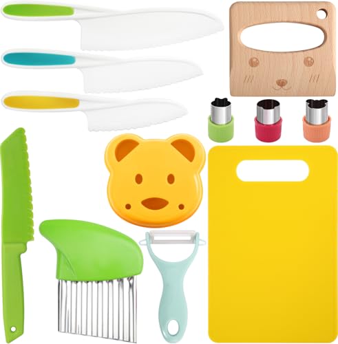 Jeffbaubl 12 Stück Kindermesser Set,Kinder-Küchenmesser-Set mit Holzmesser Schneidebrett SchäLer,Kinder Messer Nylon-Kochmesser,Kochen Küchenmesser für Kuchen Salat DIY-Form von Jeffbaubl