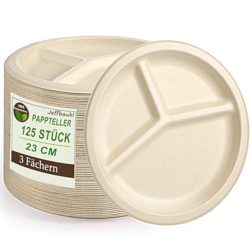 Jeffbaubl 125 Stück 3-Fach Pappteller, 100% Kompostierbarer Bagasse Einwegteller, 22.5cm Umweltfreundliche Teller für Geburtstagsfeier Picknick Jeffbaubl 125 Stück 3-Fach Pappteller, 100% Kompostierbarer Bagasse Einwegteller, 22.5cm Umweltfreundliche Teller für Geburtstagsfeier Picknick von Jeffbaubl