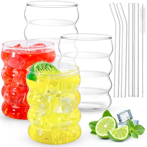 Jeffbaubl 4 Stück Gerippte Trinkgläser mit Glasstrohhalmen, 350ml Bubble Gläser, Eiskaffee Gläser mit Strohhalm, Bürsten, Cocktailgläser Wellenförmige für Cocktail Milch Wasser Soda Trink Saft von Jeffbaubl