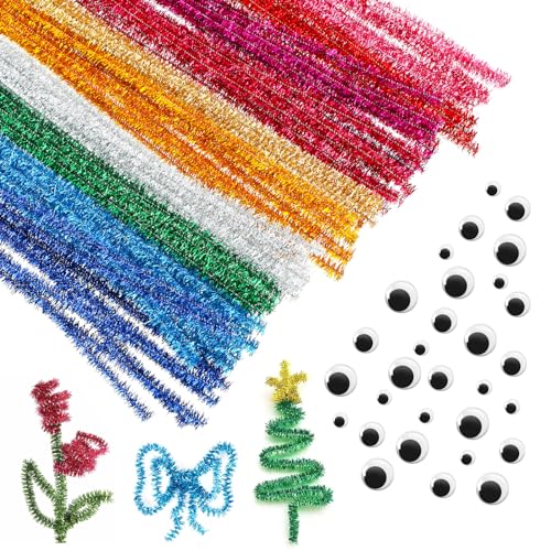 Jeffdad 100 Stück Glitzer Pfeifenputzer Bunt zum Basteln, 30CM Pfeifenreiniger Chenilledraht mit 30 Wackelaugen Bunte Pfeifenputzer Bunte Pfeifenreiniger Biegeplüsch Basteldraht für DIY-Kunst von Jeffdad