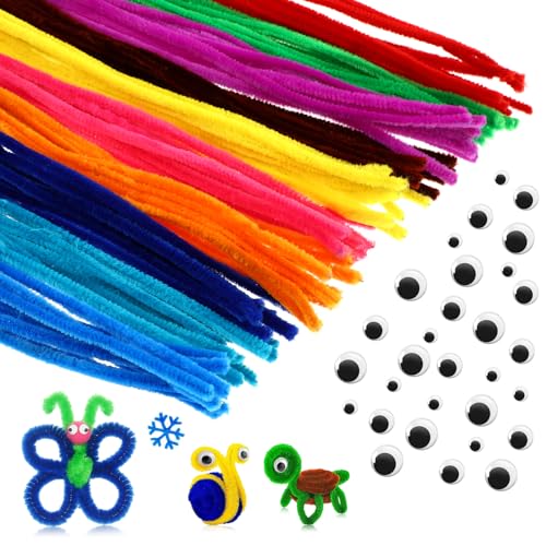 Jeffdad 100 Stück Pfeifenputzer Bunt zum Basteln mit 30 Wackelaugen, 30CM Pfeifenreiniger Chenilledraht Bunte Pfeifenputzer Bunte Pfeifenreiniger Biegeplüsch Basteldraht für Kinder DIY-Kunst von Jeffdad