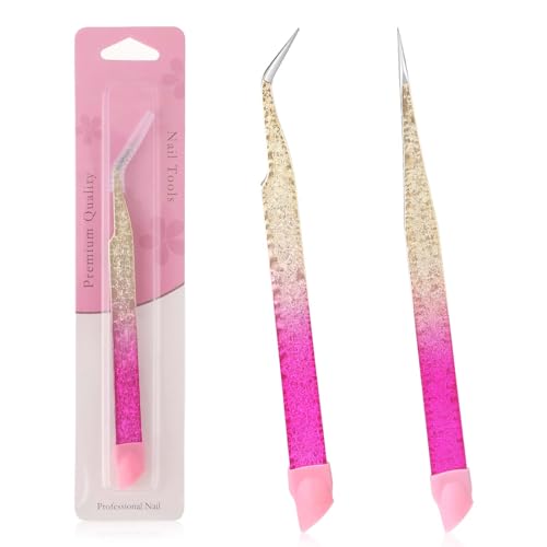 Jeffdad 2 Pcs Nagelkunst Pinzette, Wimpernverlängerung Pinzette, feine Spitze scharfe Spitze Pinzette, gerade gebogene Spitze Pinzette mit Silikon Druckkopf für Nail Crafts von Jeffdad