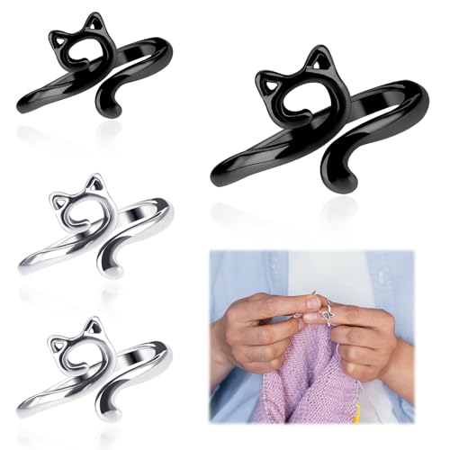 Jeffdad 4 Stück Häkelring für Fingergarn, Verstellbare Metall Häkelring Katzenohren, Häkelringe Finger Strickschlaufe Stricken Häkeln Schleife Ring Offene Garnführung Fingerhalter für Finger von Jeffdad