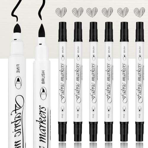 Jeffdad 6 Stück Textilstifte Waschmaschinenfest, Schwarz Weiß Doppelspitze Stoffmalstifte Wäschestift Dual-Tip-Stoffmarker Permanent Wasserdicht Und Lichtecht Textilmarker (Schwarz) von Jeffdad