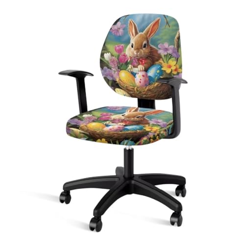 Jeiento Bürostuhlbezug mit Osterhasen-Motiv, Osterei-Blumen, dekorativer Sitzbezug + Rückenlehnenbezug, elastischer Drehstuhl-Schutzbezug von Jeiento