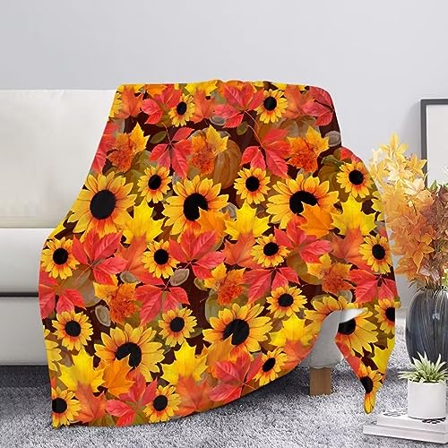 Jeiento Thanksgiving Fall Throw Blanket Pumpkin Maple Leaf Flannel Traveling Throw Blanket Yellow Sunflower Cozy Decorative Blankets for Couch Bed Sofa Chair von Jeiento