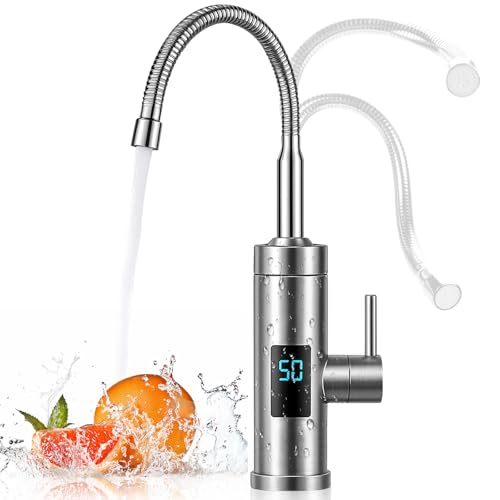 Wasserhahn mit Durchlauferhitzer, 360° Elektrische Wasserhahn, Digitale LCD Temperaturanzeige, 3000w Durchlauferhitzer, Edelstahl Warmwasserhahn Elektrisch für Küche, Garten, Wohnwagen von Jellybibo
