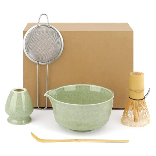 5-teiliges Matcha Set Besteht aus Matcha Besen, Matcha Bowl mit Ausgießer, Matcha Löffel, Matchabesen Ständer und Matcha Filtersieb, Professionelles Matcha Tee Set für Einsteiger und Enthusiasten von Jeluck