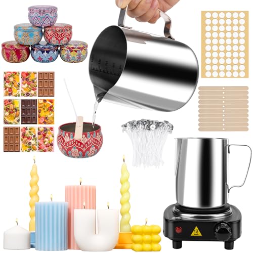 JelyArt Kerzenherstellung Kit Kerzen Selber Machen Set inkl Wachsschmelztopf (900ml), 6 Dosen, 100 Dochten, 60 Haftetiketten – DIY Gießen Kerzen für Erwachsene von JelyArt