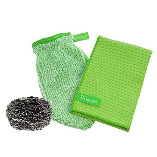 Jemako 2er Set GRÜN - Trockentuch (45 x 60 cm) + Reinigungshandschuh inkl. Edelstahlspirale & Sinland feinmaschiges Wäschenetz von Jemako