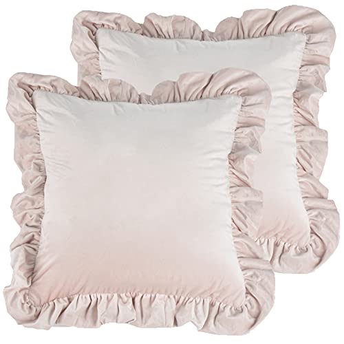 Dekorative Kissenbezug aus Samt 2er Set Einfarbig Kissenhülle Sofa Büro Decor Kissenbezüge Shabby Chic Samtkissenbezug mit Rüschen 30x50 cm für Dekokissen Sofakissen Couchkissen, Hell-Pink von Jemiipee