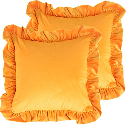 Dekorative Kissenbezug aus Samt 2er Set Einfarbig Kissenhülle Sofa Büro Decor Kissenbezüge Shabby Chic Samtkissenbezug mit Rüschen 50x50 cm für Dekokissen Sofakissen Couchkissen, Orange von Jemiipee