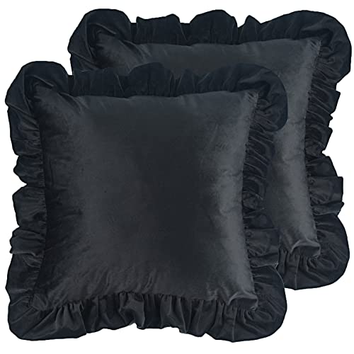 Dekorative Kissenbezug aus Samt 2er Set Einfarbig Kissenhülle Sofa Büro Decor Kissenbezüge Shabby Chic Samtkissenbezug mit Rüschen 50x50 cm für Dekokissen Sofakissen Couchkissen, Schwarz von Jemiipee