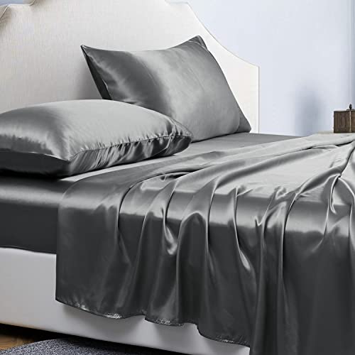 Spannbettlaken 4teilig Satin Glänzend Einfarbig, 150x200 cm für Matratzen bis 36cm, Betttuch Leintuch Set mit Bettlaken, Spannbetttuch, 2 Kissenbezüge - Dunkelgrau von Jemiipee