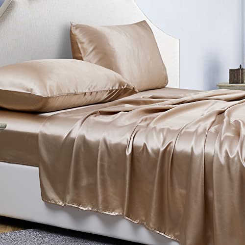 Jemiipee Spannbettlaken 4teilig Satin Glänzend Einfarbig, 180x200 cm für Matratzen bis 36cm, Betttuch Leintuch Set mit Bettlaken, Spannbetttuch, 2 Kissenbezüge - Khaki von Jemiipee