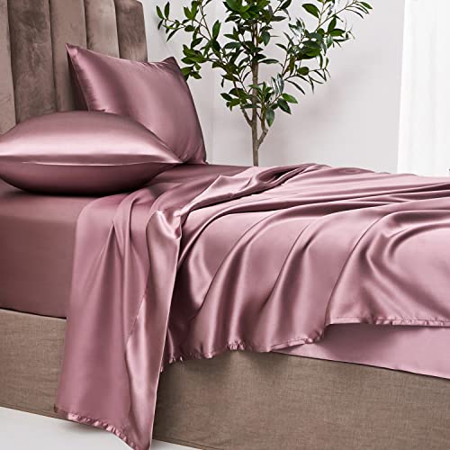 Spannbettlaken 4teilig Satin Glänzend Einfarbig, 180x200 cm für Matratzen bis 36cm, Betttuch Leintuch Set mit Bettlaken, Spannbetttuch, 2 Kissenbezüge - Mauve von Jemiipee