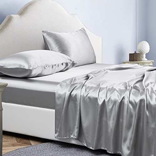 Jemiipee Spannbettlaken 4teilig Satin Glänzend Einfarbig, 200x200 cm für Matratzen bis 36cm, Betttuch Leintuch Set mit Bettlaken, Spannbetttuch, 2 Kissenbezüge - Hellgrau Jemiipee Spannbettlaken 4teilig Satin Glänzend Einfarbig, 200x200 cm für Matratzen bis 36cm, Betttuch Leintuch Set mit Bettlaken, Spannbetttuch, 2 Kissenbezüge - Hellgrau von Jemiipee