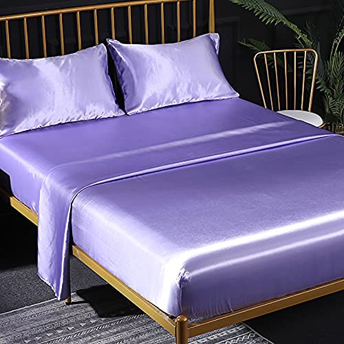 Spannbettuch Einfarbig Satin Glänzend Betttuch Leintuch 150x200 cm für Matratzen bis 35cm Spannbettlaken Set 4teilig mit Bettlaken, Spannbettuch, 2 Kissenbezüge - Helles Lila von Jemiipee