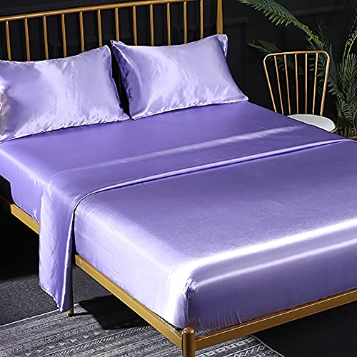 Jemiipee Spannbettuch Einfarbig Satin Glänzend Betttuch Leintuch 150x200 cm für Matratzen bis 35cm Spannbettlaken Set 4teilig mit Bettlaken, Spannbettuch, 2 Kissenbezüge - Helles Lila von Jemiipee