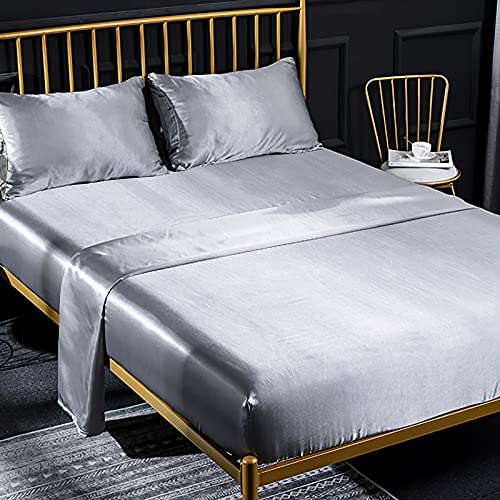 Spannbettuch Einfarbig Satin Glänzend Betttuch Leintuch 180x200 cm für Matratzen bis 35cm Spannbettlaken Set 4teilig mit Bettlaken, Spannbettuch, 2 Kissenbezüge - Silber von Jemiipee