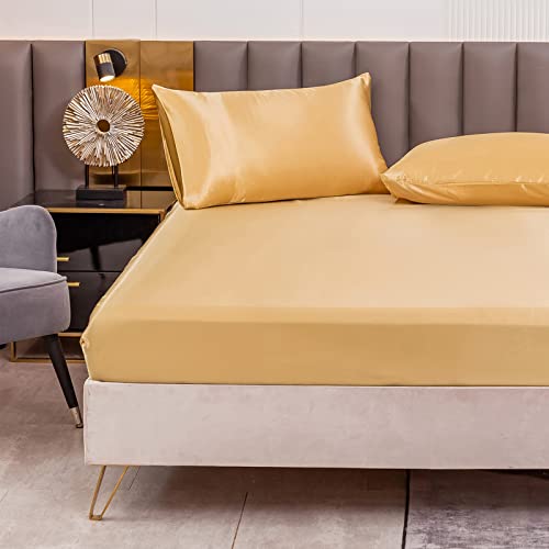 Satin Spannbettlaken Einfarbig 100x200 cm für Matratzen bis 30cm, Betttuch Leintuch Weiche Polyester-Satin Spannbetttuch Bettlaken Goldgelb von Jemiipee