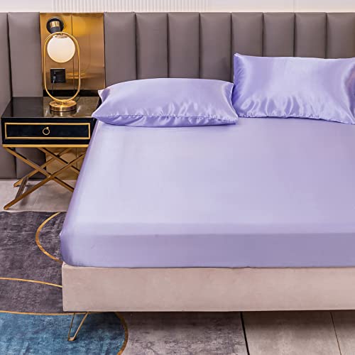 Satin Spannbettlaken Einfarbig 140x200 cm für Matratzen bis 30cm, Betttuch Leintuch Weiche Polyester-Satin Spannbetttuch Bettlaken Lavendel von Jemiipee