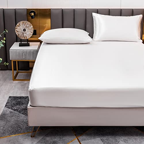 Satin Spannbettlaken Einfarbig 140x200 cm für Matratzen bis 30cm, Betttuch Leintuch Weiche Polyester-Satin Spannbetttuch Bettlaken Weiß von Jemiipee