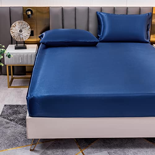 Satin Spannbettlaken Einfarbig 150x200 cm für Matratzen bis 30cm, Betttuch Leintuch Weiche Polyester-Satin Spannbetttuch Bettlaken Marineblau von Jemiipee