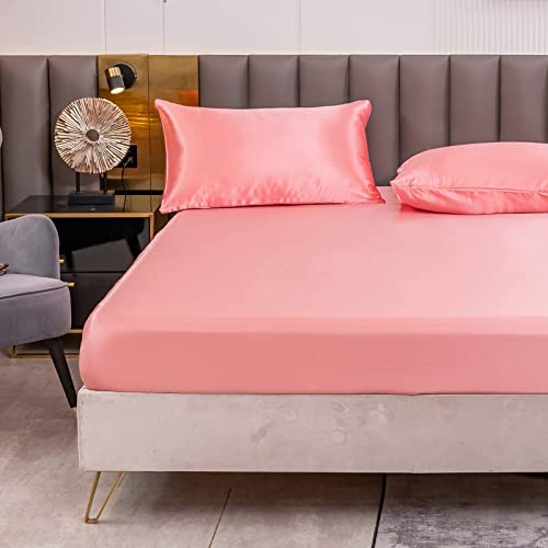 Satin Spannbettlaken Einfarbig 180x200 cm für Matratzen bis 30cm, Betttuch Leintuch Weiche Polyester-Satin Spannbetttuch Bettlaken Rosa von Jemiipee