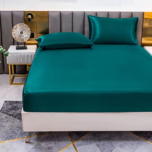 Satin Spannbettlaken Einfarbig 180x200 cm für Matratzen bis 30cm, Betttuch Leintuch Weiche Polyester-Satin Spannbetttuch Bettlaken Türkisgrün von Jemiipee