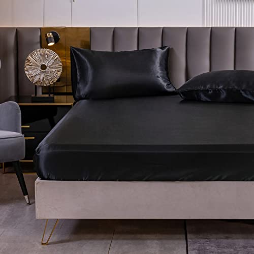 Satin Spannbettlaken Einfarbig 200x200 cm für Matratzen bis 30cm, Betttuch Leintuch Weiche Polyester-Satin Spannbetttuch Bettlaken Schwarz Satin Spannbettlaken Einfarbig 200x200 cm für Matratzen bis 30cm, Betttuch Leintuch Weiche Polyester-Satin Spannbetttuch Bettlaken Schwarz von Jemiipee