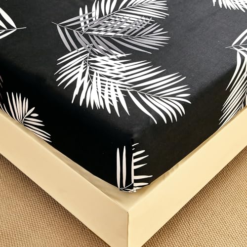 Spannbettlaken 120x200 cm - Tropische Palmenblätter Muster - Spannbettuch Bis 30 cm Matratzenhöhe - Bettlaken Weiche Polyester-Mikrofaser Schwarz von Jemiipee