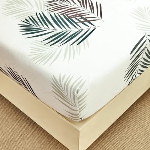 Spannbettlaken 160x200 cm - Tropische Palmenblätter Muster - Spannbettuch Bis 30 cm Matratzenhöhe - Bettlaken Weiche Polyester-Mikrofaser Weiß von Jemiipee