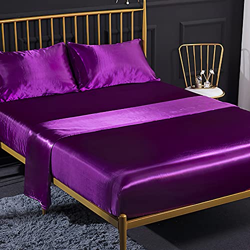 Spannbettuch Einfarbig Satin Glänzend Betttuch Leintuch 135x190 cm für Matratzen bis 35cm Spannbettlaken Set 4teilig mit Bettlaken, Spannbettuch, 2 Kissenbezüge - Dunkelmagenta von Jemiipee