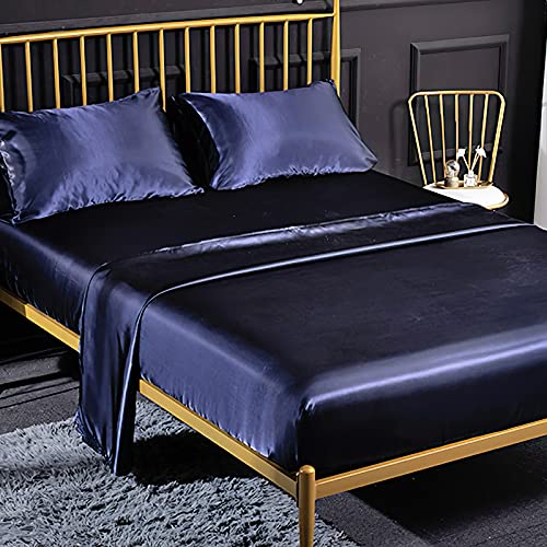 Jemiipee Spannbettuch Einfarbig Satin Glänzend Betttuch Leintuch 135x190 cm für Matratzen bis 35cm Spannbettlaken Set 4teilig mit Bettlaken, Spannbettuch, 2 Kissenbezüge - Navy blau von Jemiipee