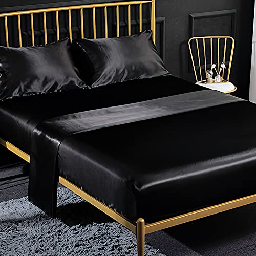 Jemiipee Spannbettuch Einfarbig Satin Glänzend Betttuch Leintuch 135x190 cm für Matratzen bis 35cm Spannbettlaken Set 4teilig mit Bettlaken, Spannbettuch, 2 Kissenbezüge - Schwarz von Jemiipee