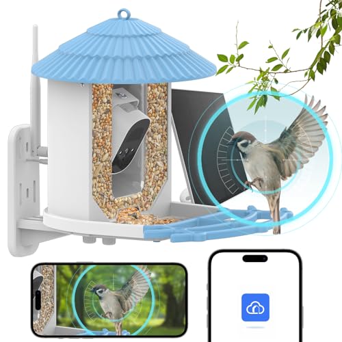 Jemora Intelligentes Vogelfutterhaus mit Kamera + Solarpanel, KI, identifiziert Vogelarten, PIR-Bewegungserkennung, Zwei-Wege-Audio, APP-Steuerung, 2,4 G WLAN, 4 MP-Kamera, solarbetriebene kabellose von Jemora