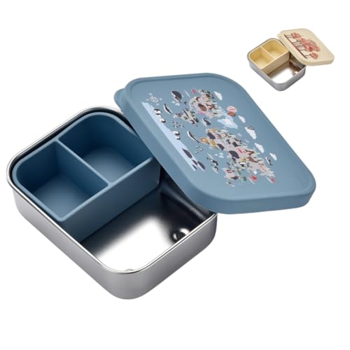 Jenard® Edelstahl Brotdose für Kinder – kompakte Brotdose/leichte Snackbox mit Silikon Deckel & Trennfach. Ideal für Kindergarten & unterwegs. Auslaufsicher & BPA-frei. (Weltkarte Tiere/Blau) von Jenard
