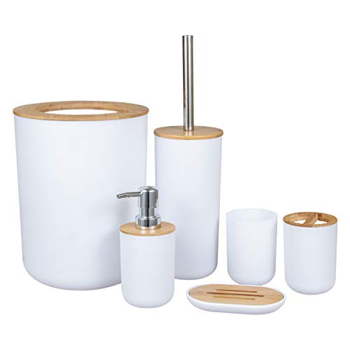 Jenbnoau 6-Teiliges Bambus Badezimmer Set Bad Zubehörset Umweltfreundliches Toilettenzubehörset mit Lotionspender Etc.-Weiß von Jenbnoau
