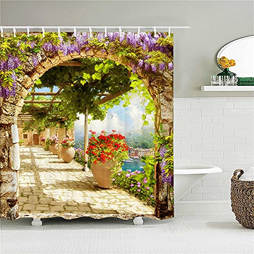 3D Duschvorhang Blumenweg Muster Waschbar Badewanne Vorhang 12 C-förmigen Kunststoffhaken Wasserdicht duschvorhänge , für Badewanne und Bathroom Dekoration-180x200cm von Jengeer