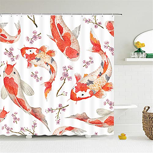 Duschvorhang 3D Roter Fisch Wasserdicht Badewanne Vorhang Waschbar Polyester Stoff Badezimmer duschvorhänge mit 12 C-förmigen Kunststoffhaken, für Badewanne und Bathroom-240x200cm von Jengeer