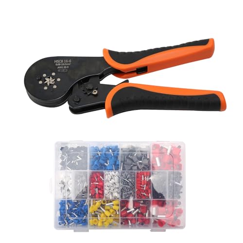 Crimpzange 0.08-16mm² Set,Crimpzange Aderendhülsen Set,Sechskant Presszange,AWG 28-5 Selbsteinstellende Ratschen-Aderendhülsen-Crimpzang,mit 1200 Stück Aderendhülsen von Jenmayt